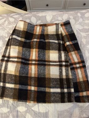 Plaid Wool-Blend Mini Skirt in Brown and Cream